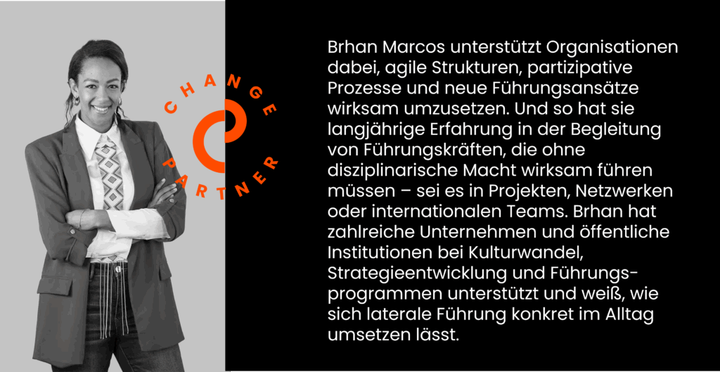 Brhan Marcos unterstützt Organisationen dabei, agile Strukturen, partizipative Prozesse und neue Führungsansätze wirksam umzusetzen. Und so hat sie langjährige Erfahrung in der Begleitung von Führungskräften, die ohne disziplinarische Macht wirksam führen müssen – sei es in Projekten, Netzwerken oder internationalen Teams. Brhan hat zahlreiche Unternehmen und öffentliche Institutionen bei Kulturwandel, Strategieentwicklung und Führungs-programmen unterstützt und weiß, wie sich laterale Führung konkret im Alltag umsetzen lässt.