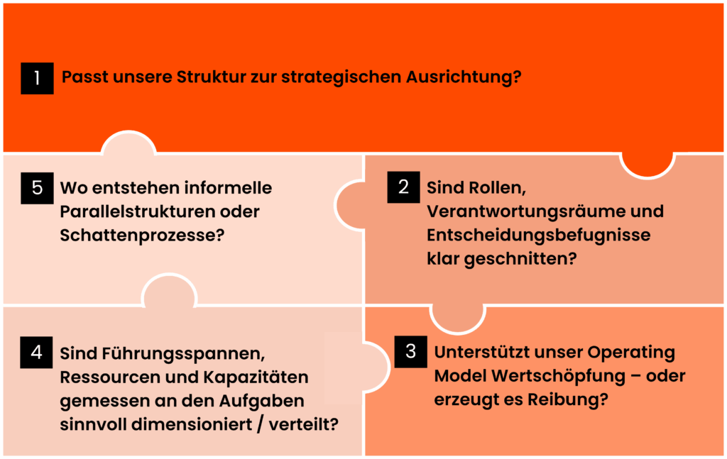 Eine professionelle Organisationsanalyse prüft systematisch:

Passt unsere Struktur zur strategischen Ausrichtung?

Sind Rollen, Verantwortungsräume und Entscheidungsbefugnisse klar geschnitten?

Unterstützt unser Operating Model Wertschöpfung – oder erzeugt es Reibung?

Sind Führungsspannen, Ressourcen und Kapazitäten sinnvoll dimensioniert?

Wo entstehen informelle Parallelstrukturen oder Schattenprozesse?