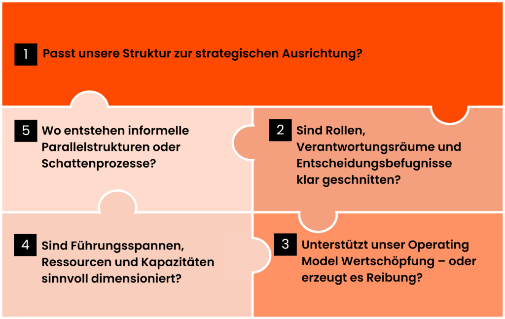 Eine professionelle Organisationsanalyse prüft systematisch:

Passt unsere Struktur zur strategischen Ausrichtung?

Sind Rollen, Verantwortungsräume und Entscheidungsbefugnisse klar geschnitten?

Unterstützt unser Operating Model Wertschöpfung – oder erzeugt es Reibung?

Sind Führungsspannen, Ressourcen und Kapazitäten sinnvoll dimensioniert?

Wo entstehen informelle Parallelstrukturen oder Schattenprozesse?